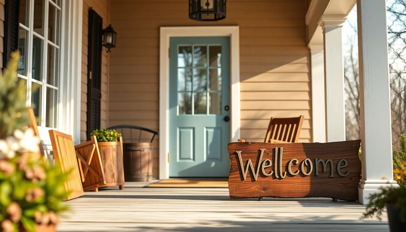 Welcoming wooden welcome signs on a cozy porch, creating a warm greeting for guests and enhancing outdoor decor.