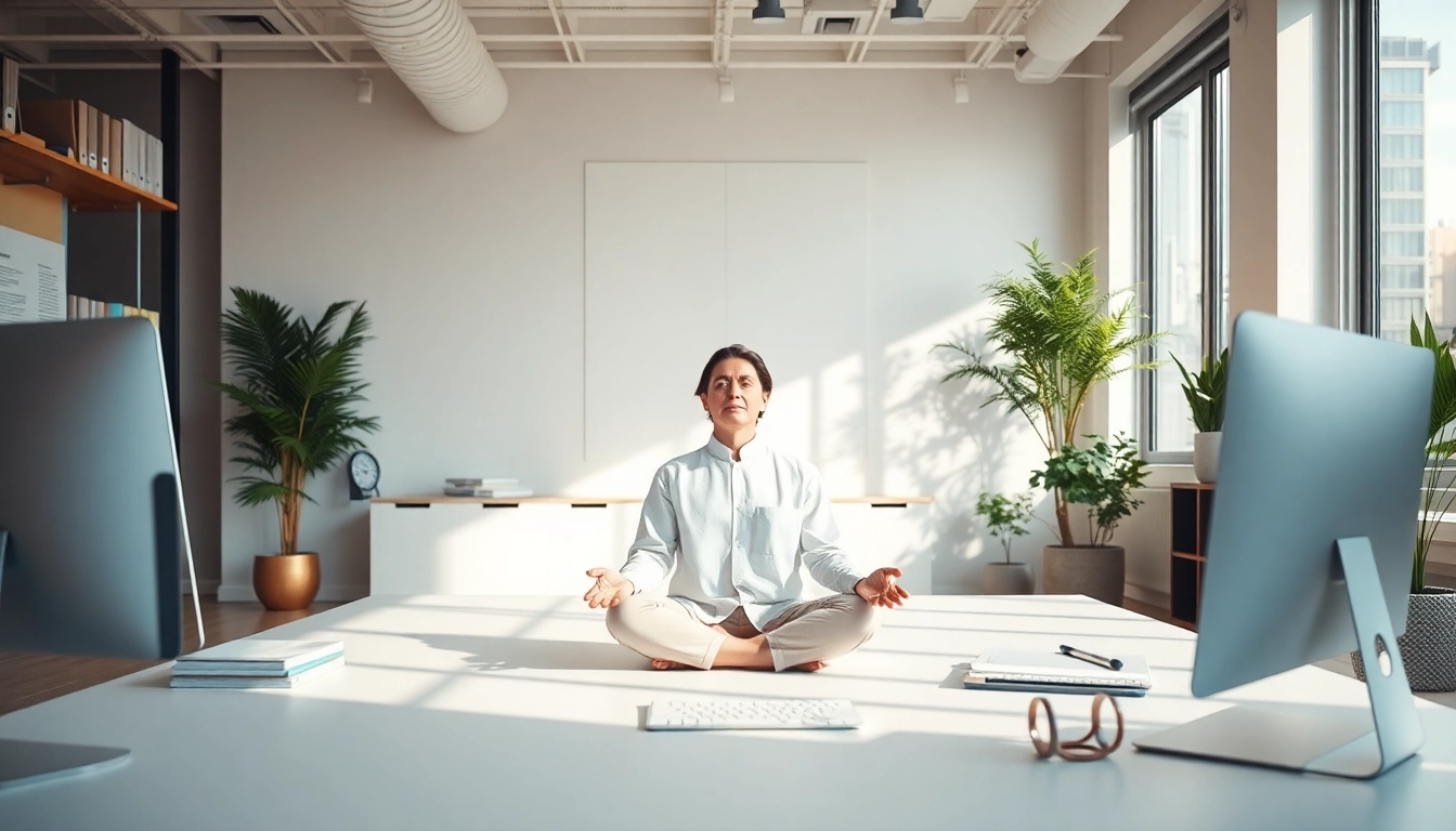 Strategie efficaci per Burnout come prevenirlo: professional relaxing in a balanced workspace for mental health.