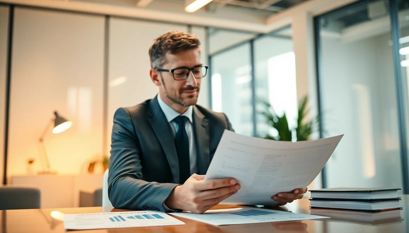 Business loan application being reviewed by a professional in a modern office setting, highlighting financial growth and loan services.