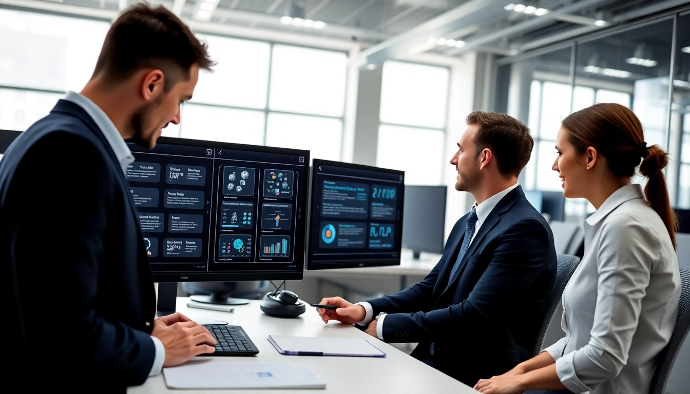 Automatisering voor mkb: Bedrijfseigenaren die efficiëntie verhogen met slimme automatisering op digitale schermen.