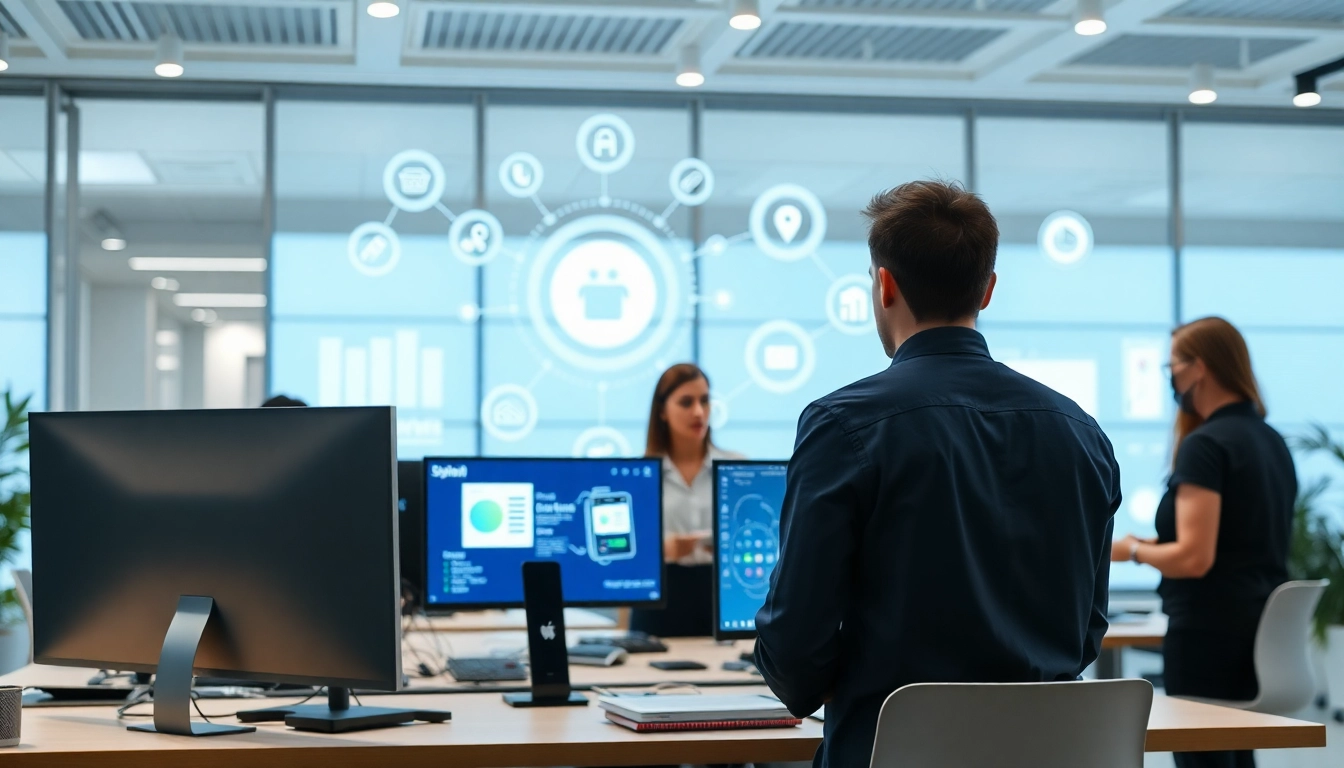 Professionals optimizing workflows with automation tools, showcasing workflow optimalisatie in a dynamic, tech-enabled environment.