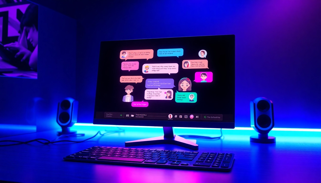 Futuristic AI chatbot interface with dynamic visuals and character avatars in a modern workspace.