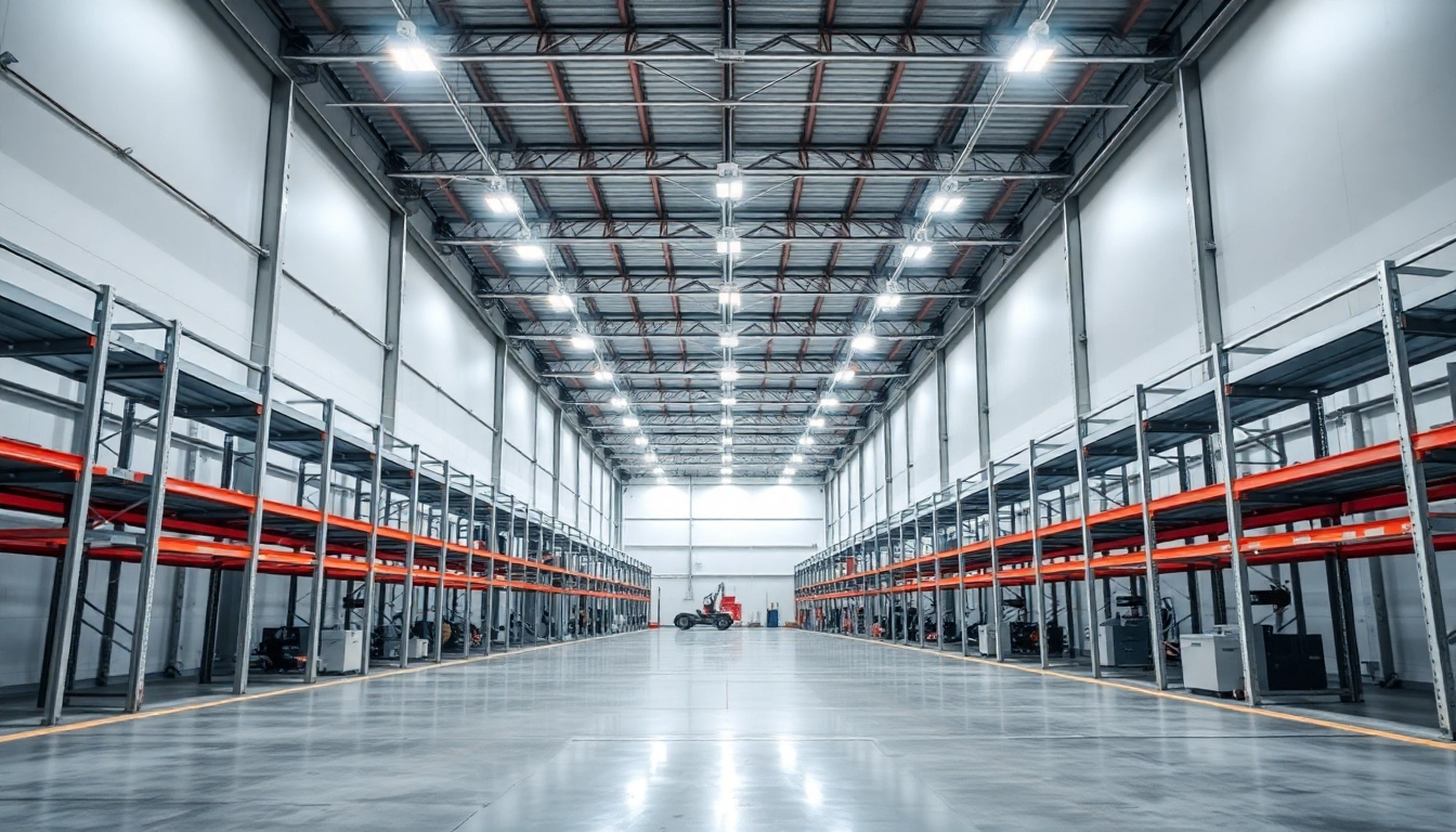 Große Industriehalle mit LED-Beleuchtung, helle und moderne Arbeitsumgebung