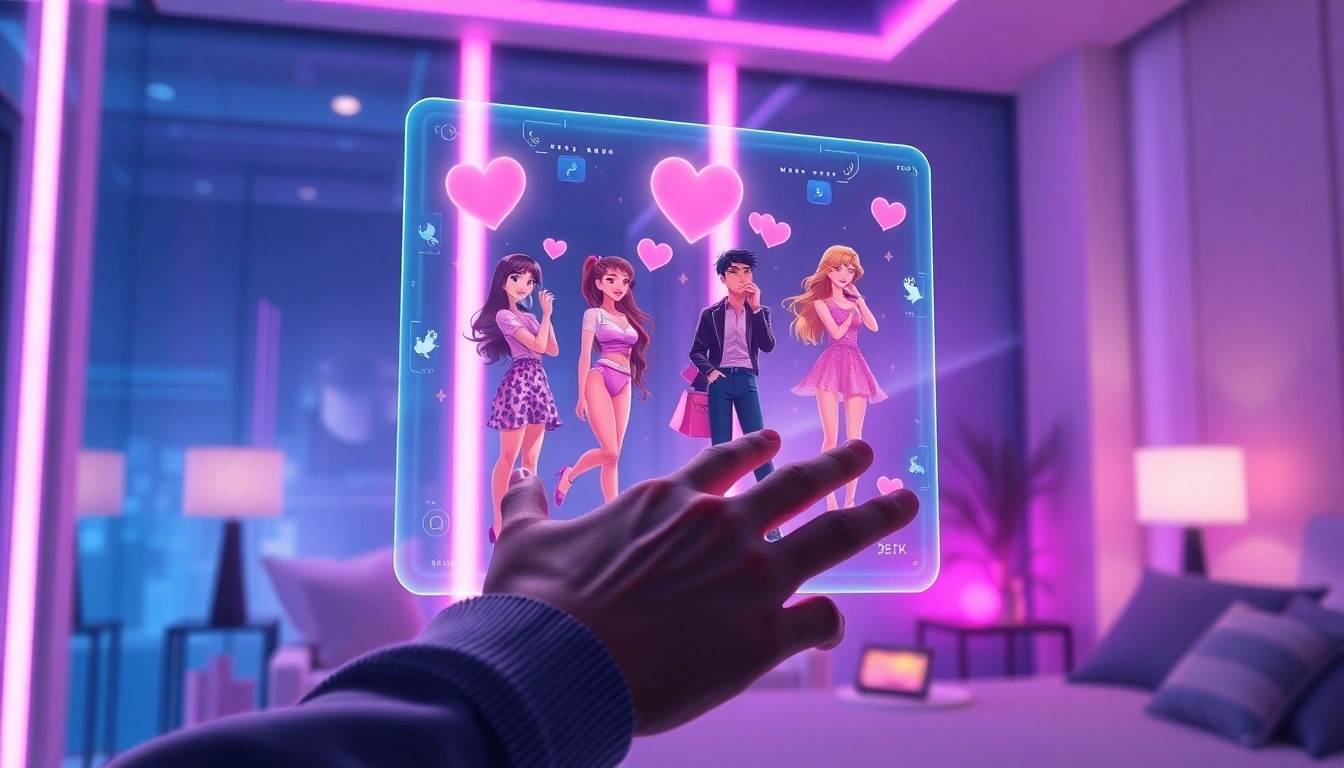 Futuristic digital illustration of an AI-powered virtual girlfriend interface with vibrant visuals and holographic elements in a modern, neon-lit room.