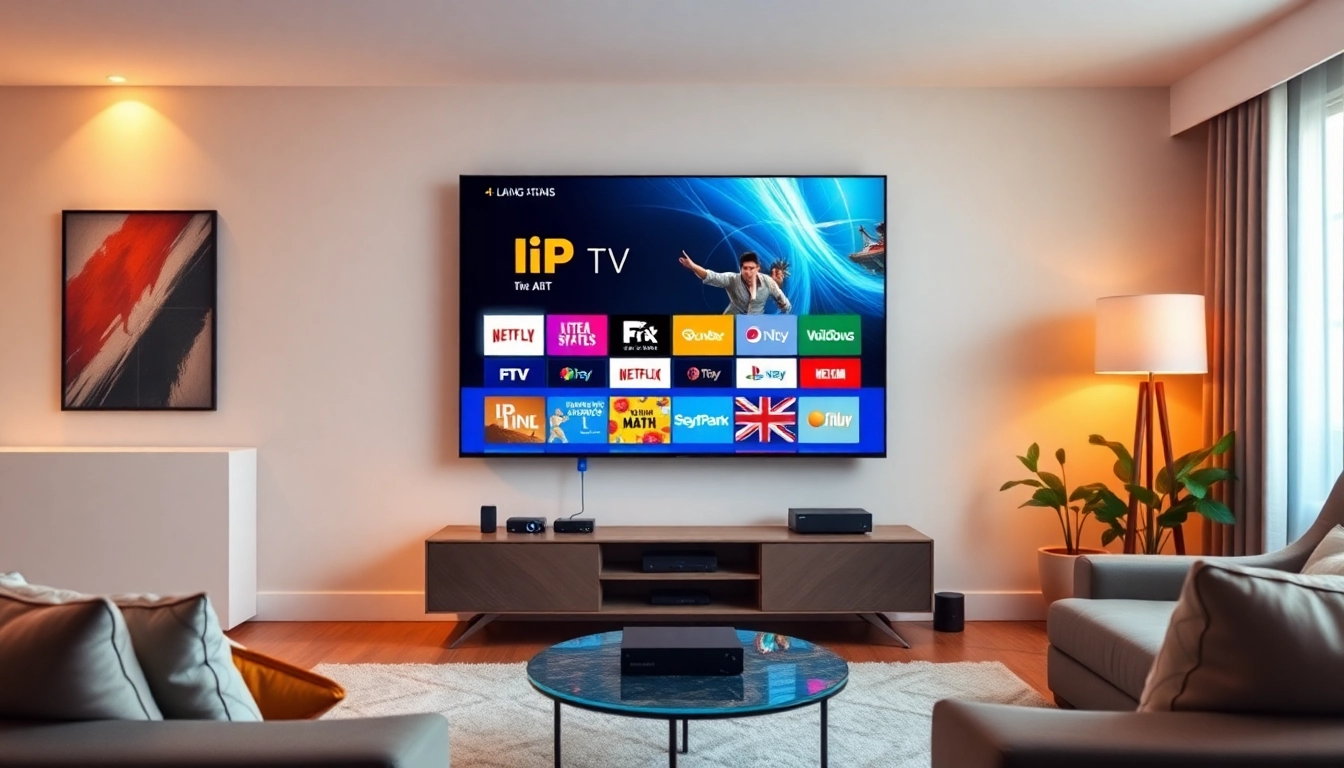 An IPTV streaming setup with a smart TV and remote control showcasing a variety of live channels and on-demand content, emphasizing accessibility and modern technology.