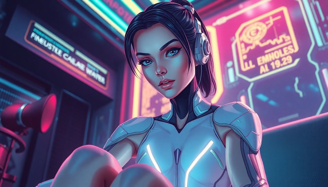 Futuristic AI character sitting in a neon-lit cyberpunk environment, emphasizing her expressive face and confident pose.