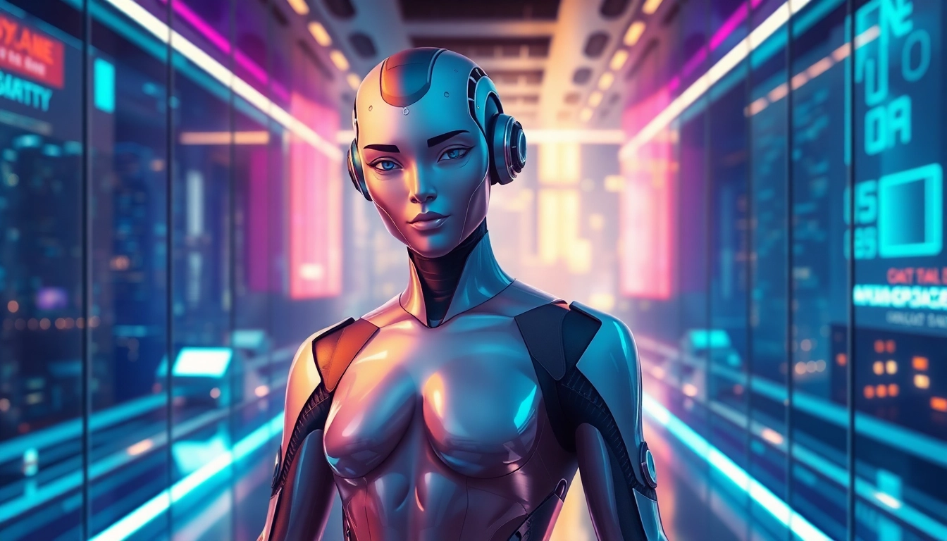 An AI character in a futuristic setting with vibrant neon lighting, emphasizing textures, expressions, and a sleek, modern atmosphere.