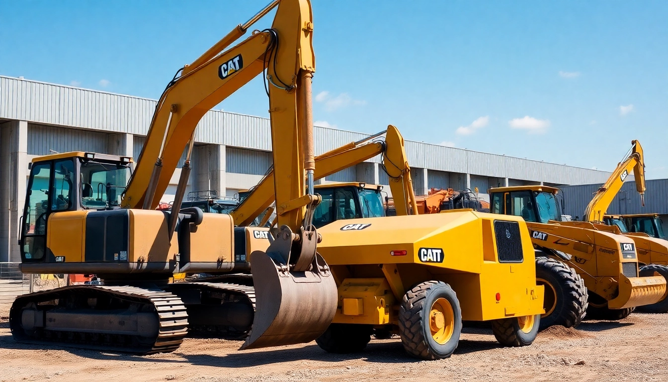 Construction equipment rental site showcasing modern excavators, loaders, and compactors in action for efficient project execution.