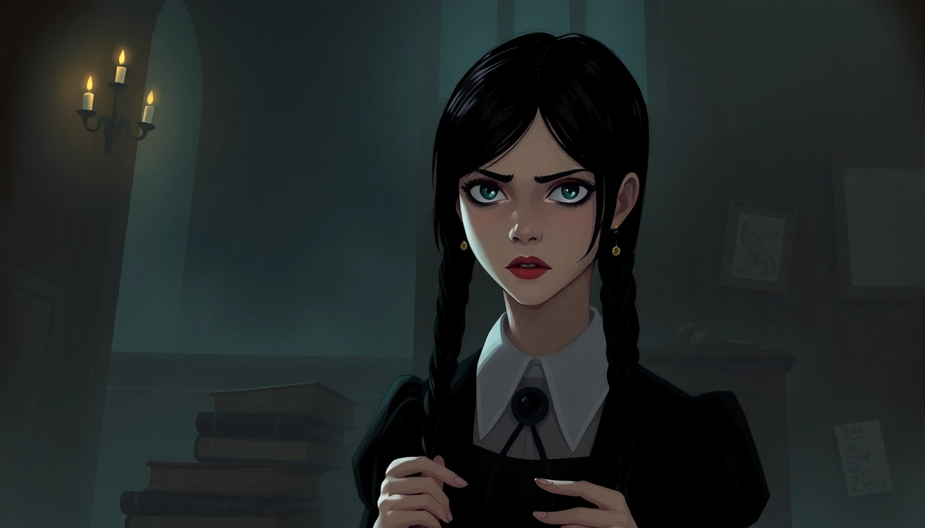 Watch Wednesday online with detailed gothic imagery of Wednesday Addams at Nevermore Academy, highlighting her mysterious aura and dark style for fans of suspenseful series