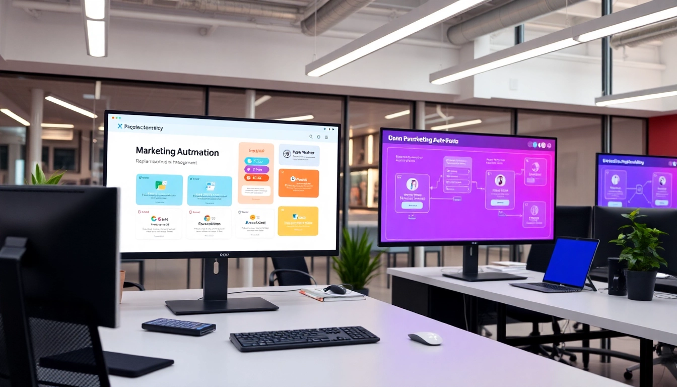 Visual depicting marketing automatisering with automated workflows in a professional digital environment, highlighting efficiency and technology integration for business growth.