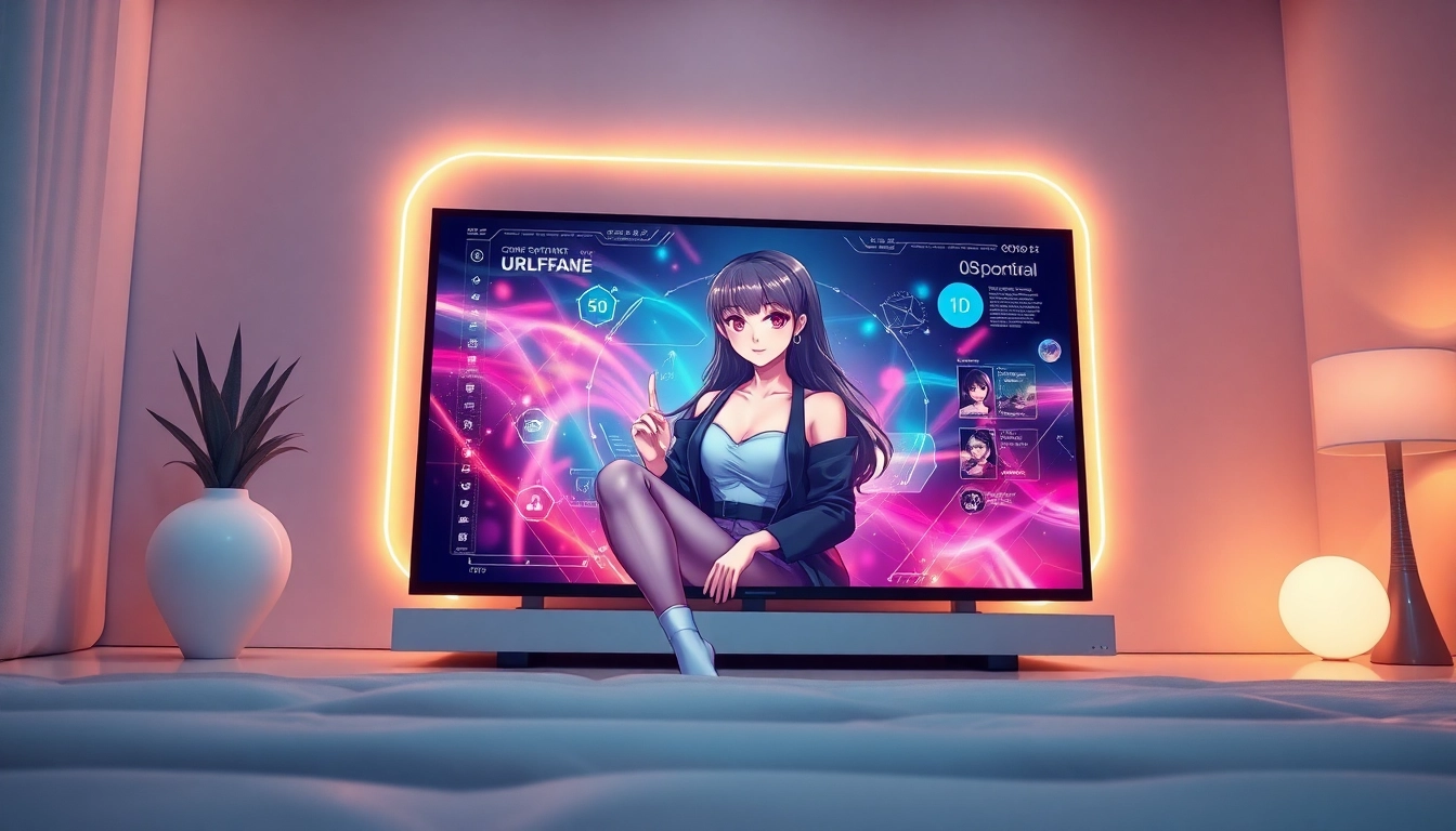 Futuristic digital interface of an AI girlfriend with customizable anime avatar in a modern room