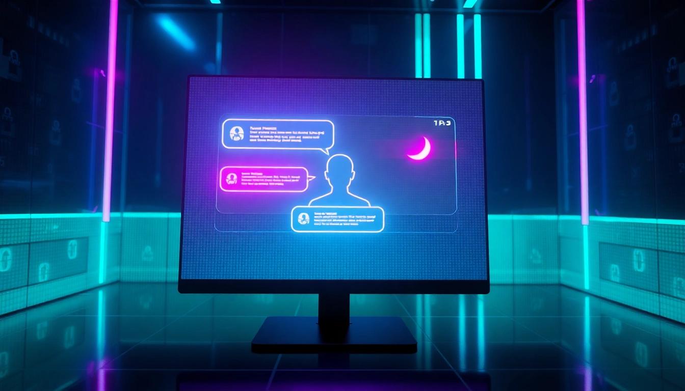 Futuristic AI chat interface with neon accents and holographic visuals in a cyberpunk style.