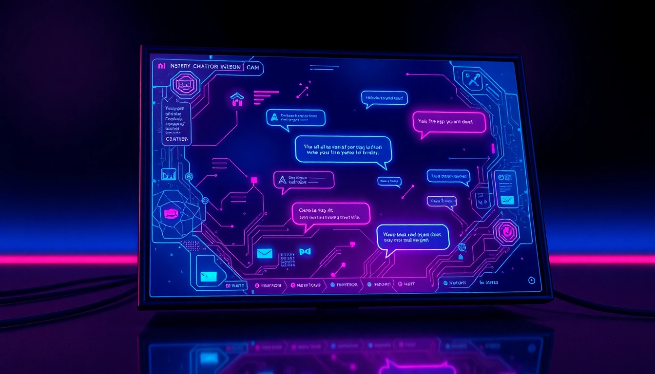 Futuristic digital chatbot interface with neon lights and neural network graphics on a dark background.