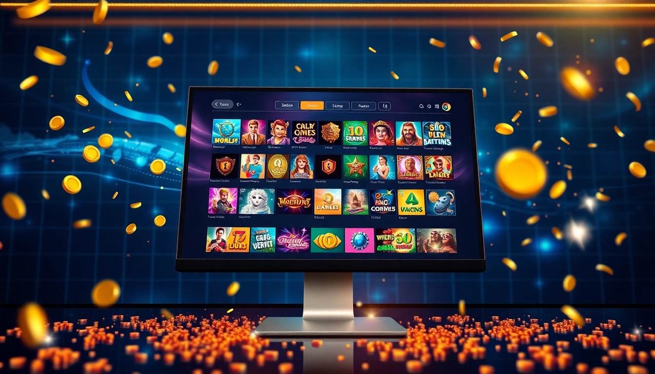 A modern computer monitor displaying an online gaming platform with vibrant games, bonuses, and jackpots, surrounded by glowing symbols of rewards and security features.