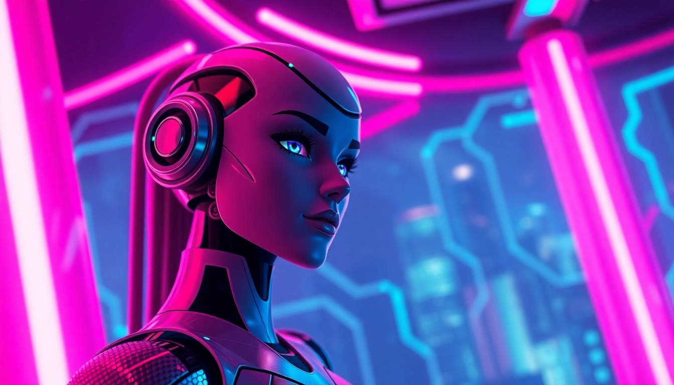 Futuristic AI chatbot avatar with neon lighting and digital environment, conveying allure and technology.