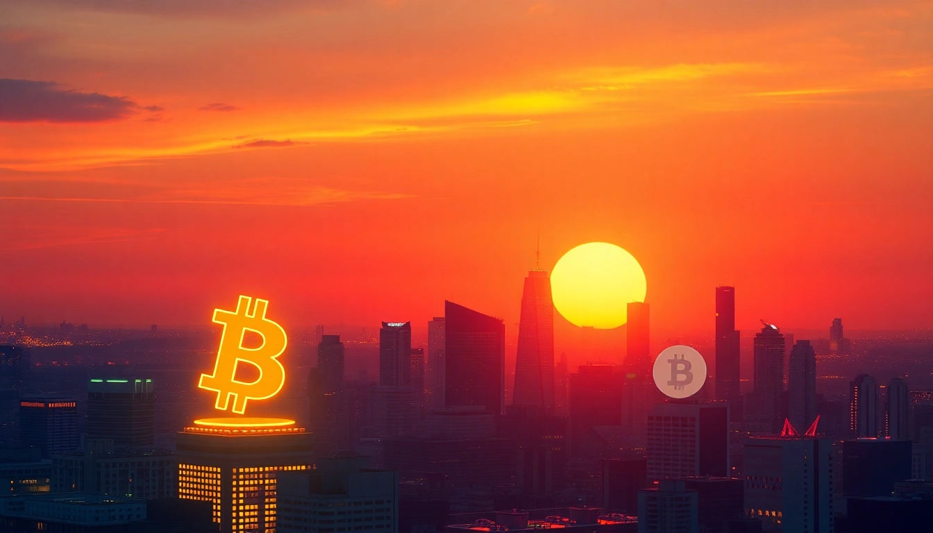 Cryptocurrency market growth with Bitcoin rising over city skyline at sunset, symbolizing