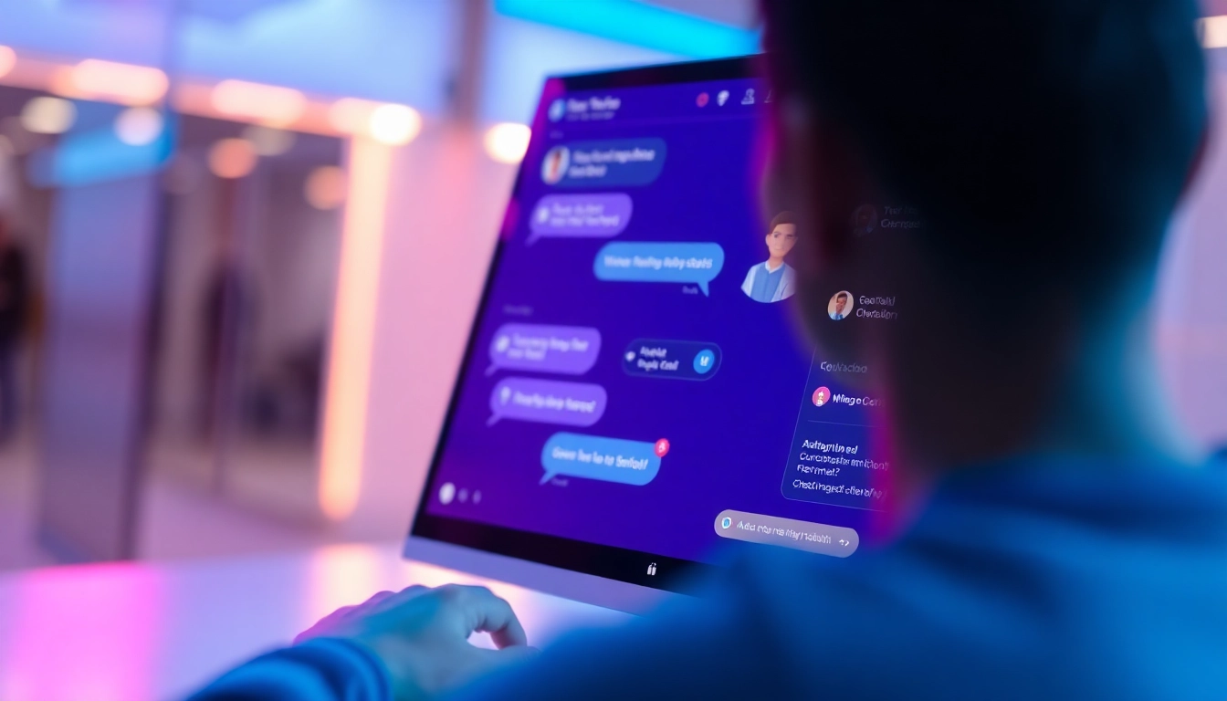 A futuristic AI chatbot interface on a high-tech screen, showing engaging conversation elements with vibrant colors and detailed textures.