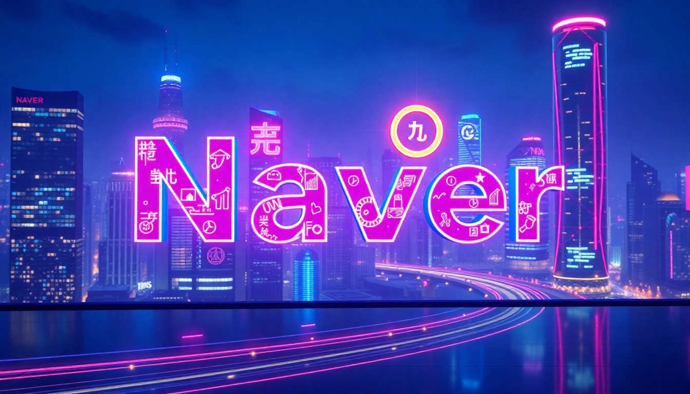 Naver's distinctive logo illuminated amidst a high-tech Seoul cityscape, symbolizing Korea's digital innovation and online connectivity.