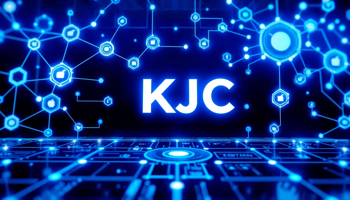 KJC logo integrated into a digital tech environment highlighting connectivity and innovation in online entertainment and services.