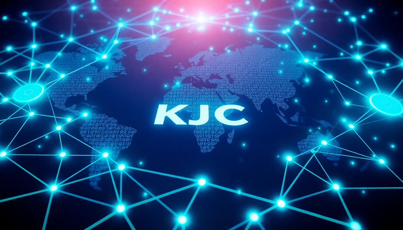 KJC logo integrated into a vibrant digital global network, symbolizing connection, innovation, and trust.