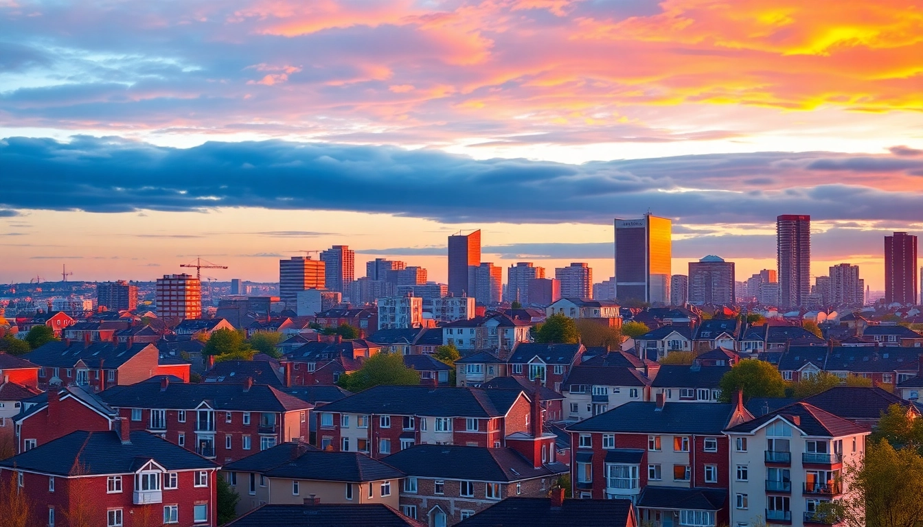 Buy Residential Property UK with modern apartment complexes and houses in a vibrant cityscape