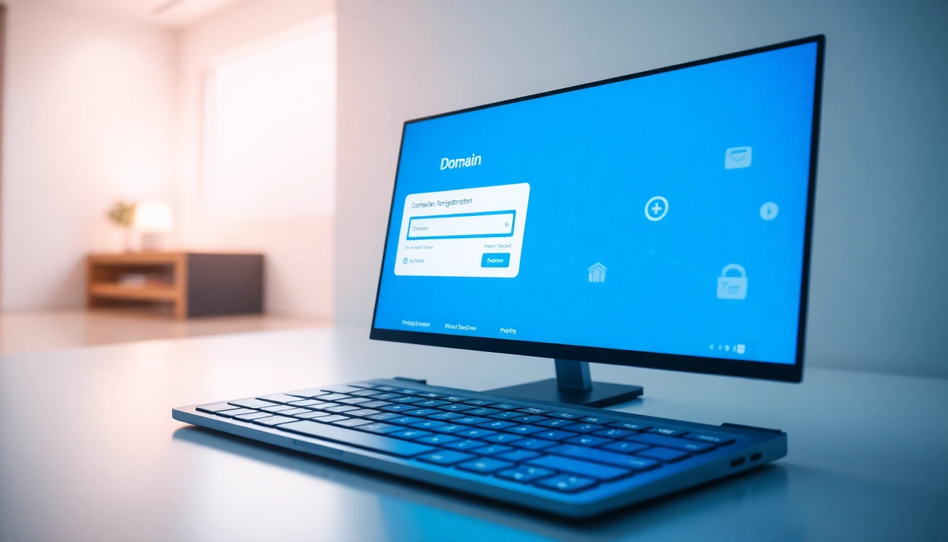 Secure domain registration process illustrated on a sleek monitor showcasing domain search and