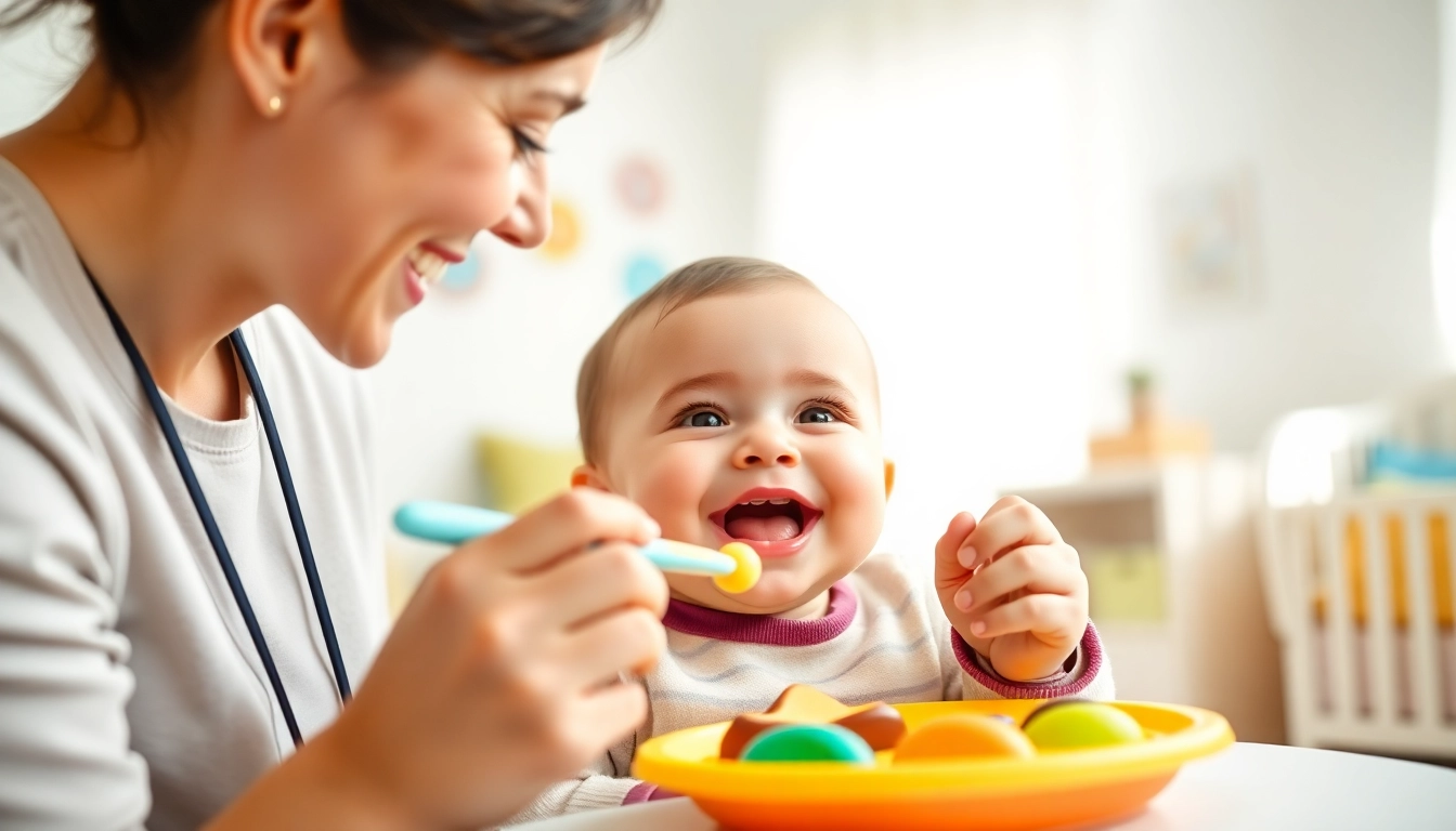 Show a caregiver feeding a happy baby using silicone utensils promoting alimentazione naturale
