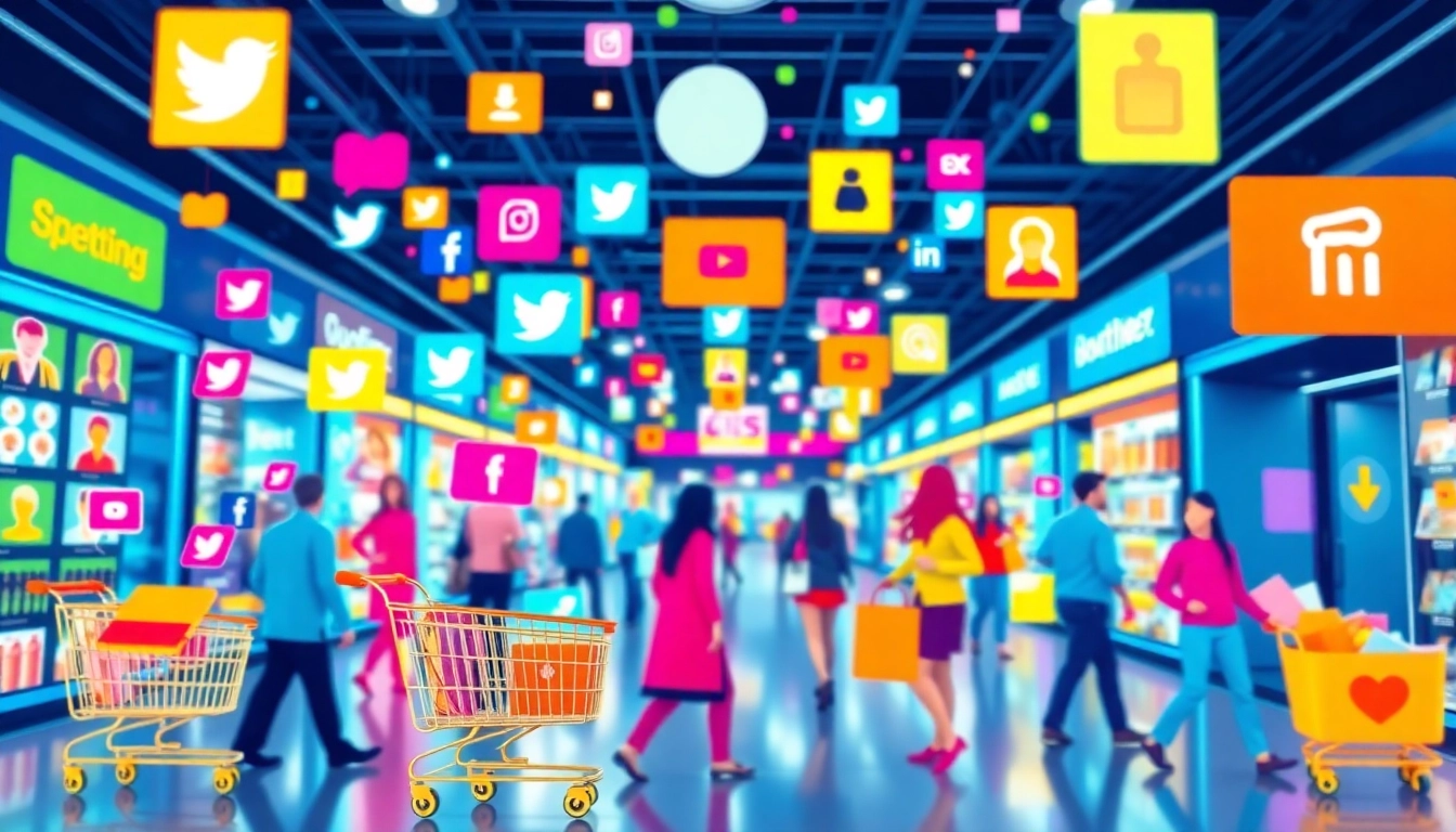 Social Commerce Insights Engaging digital marketplace with social media icons and shopping elements