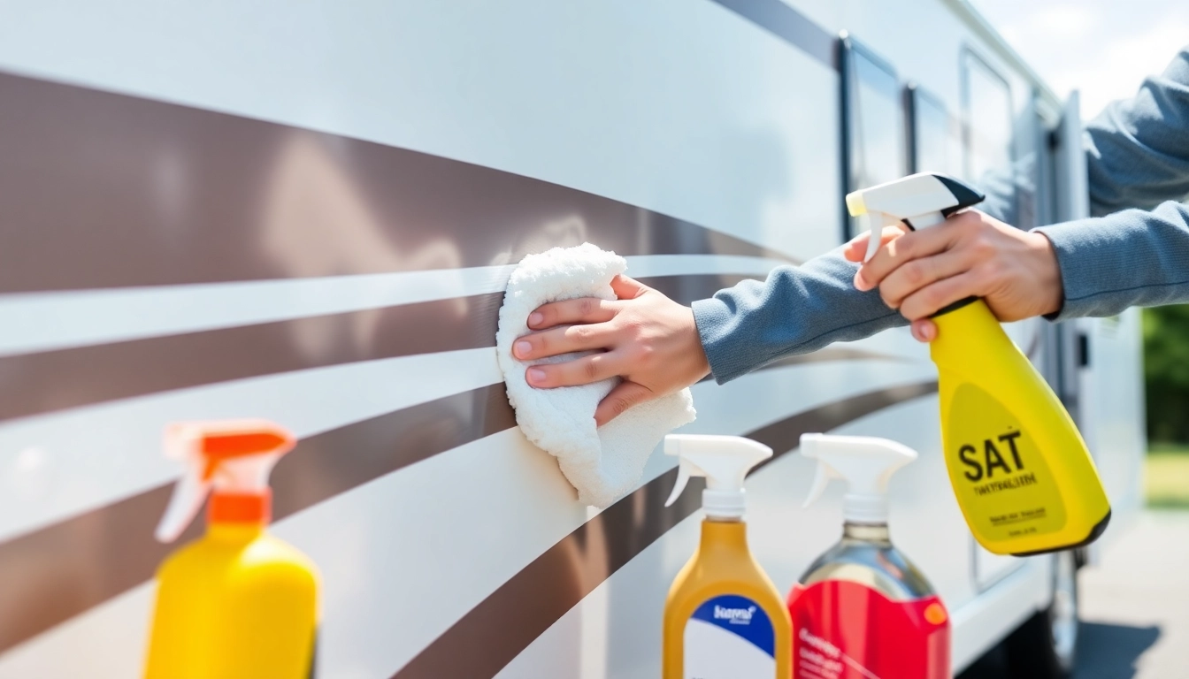 Effective Wohnmobilreiniger in action cleaning a large motorhome outdoors with foam and spray,