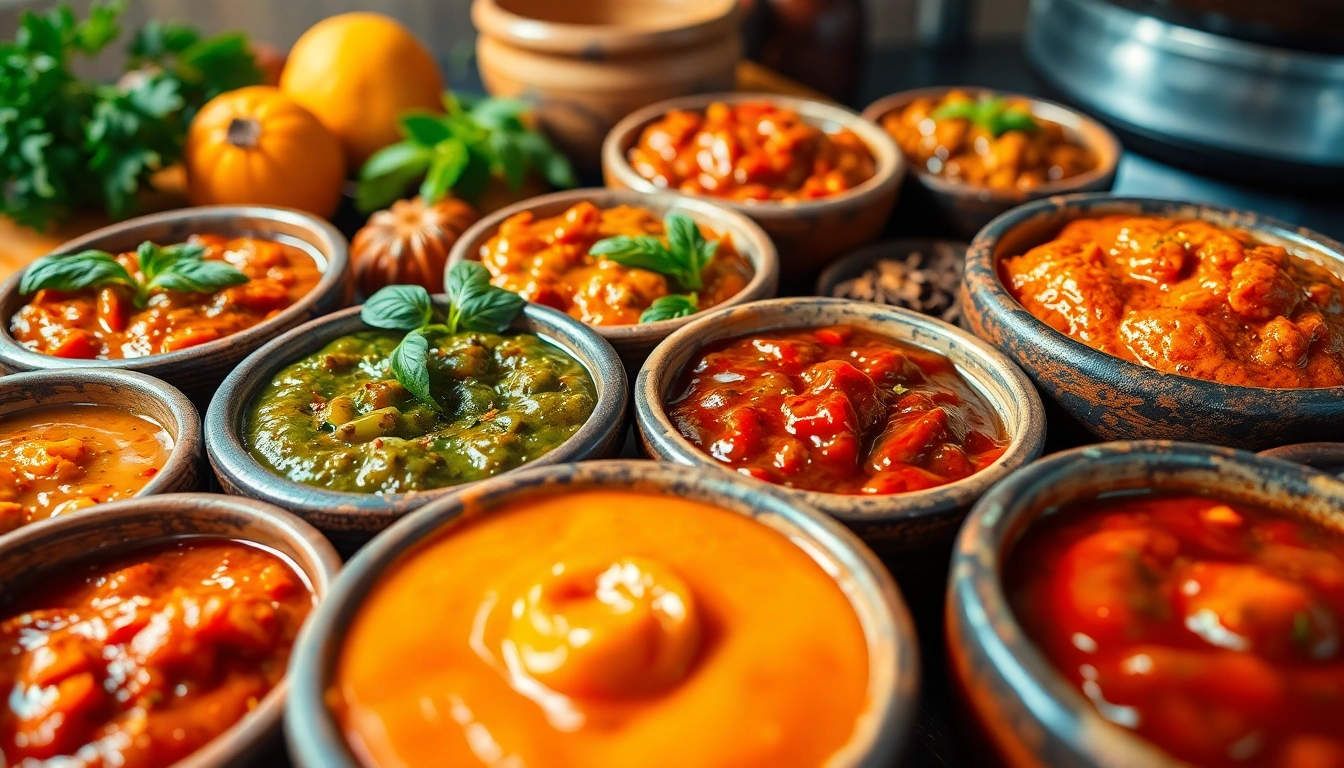 Assorted cooking pastes and chutneys including garlic, ginger, chili, mint, and tamarind placed