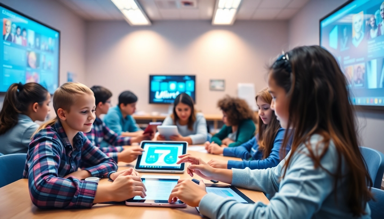 Engaging students interact with vibrant digital learning content on tablets for effective